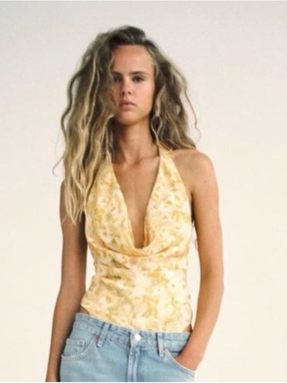Zara Yellow Floral Halter Cowl Bodysuit
